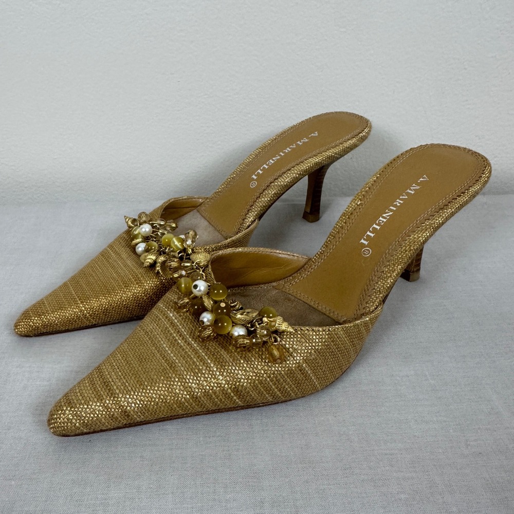 A. Marinelli Women's 5.5M Kitten Heel Mules Gold Beaded Pointed Toe Shell Shoes